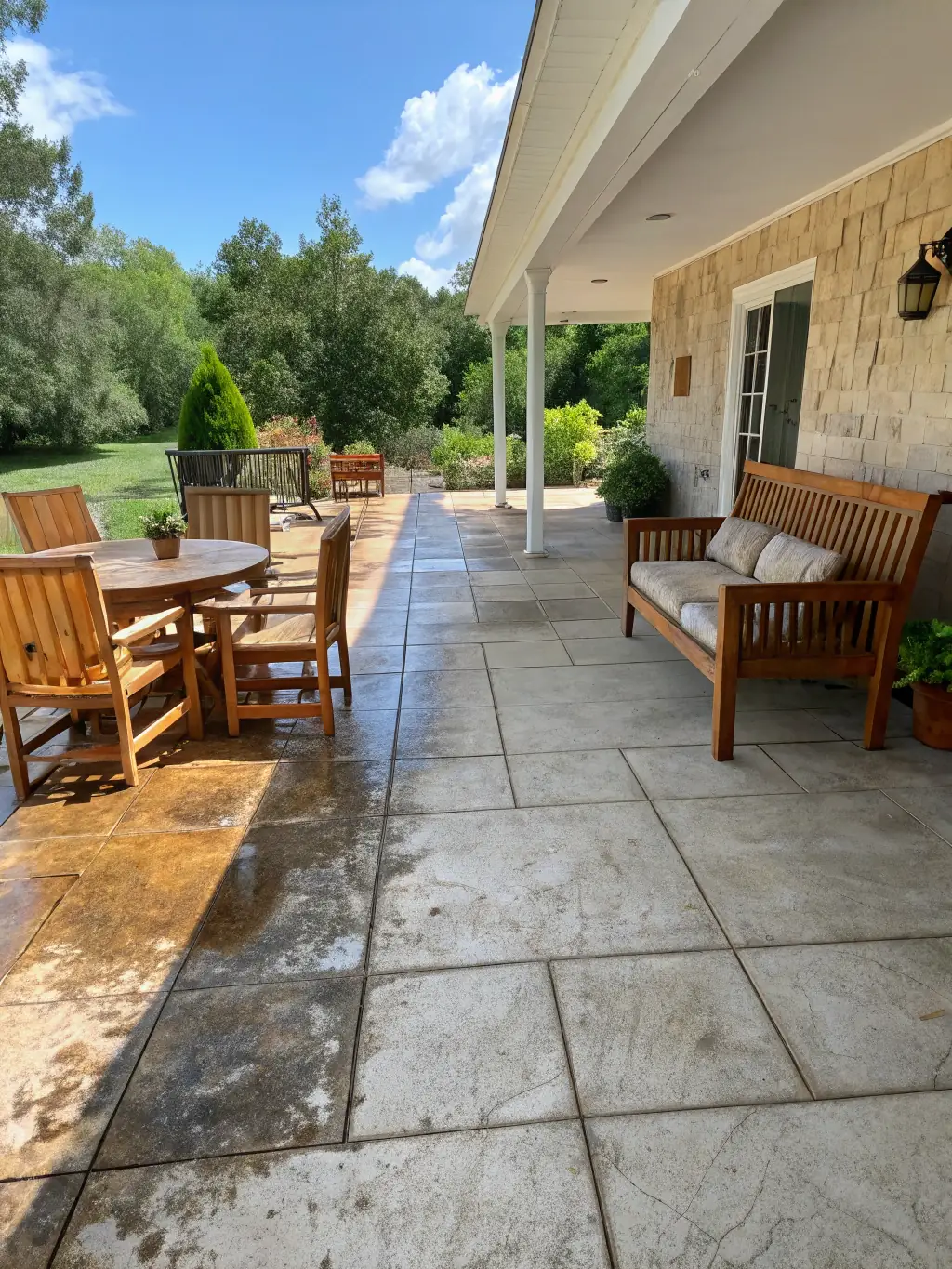 A vibrant outdoor patio in El Dorado Hills before and after cleaning by Pressure Washing El Dorado Hills, highlighting the transformation.