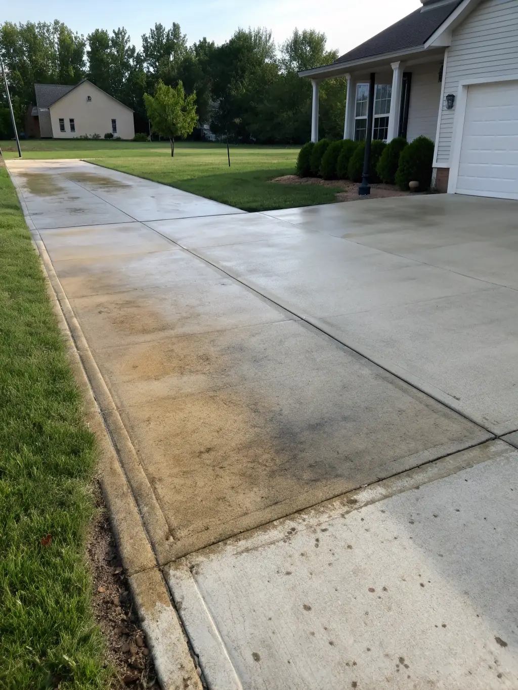 A before-and-after shot of a driveway in El Dorado Hills, showing significant stain removal and cleaning by Pressure Washing El Dorado Hills.