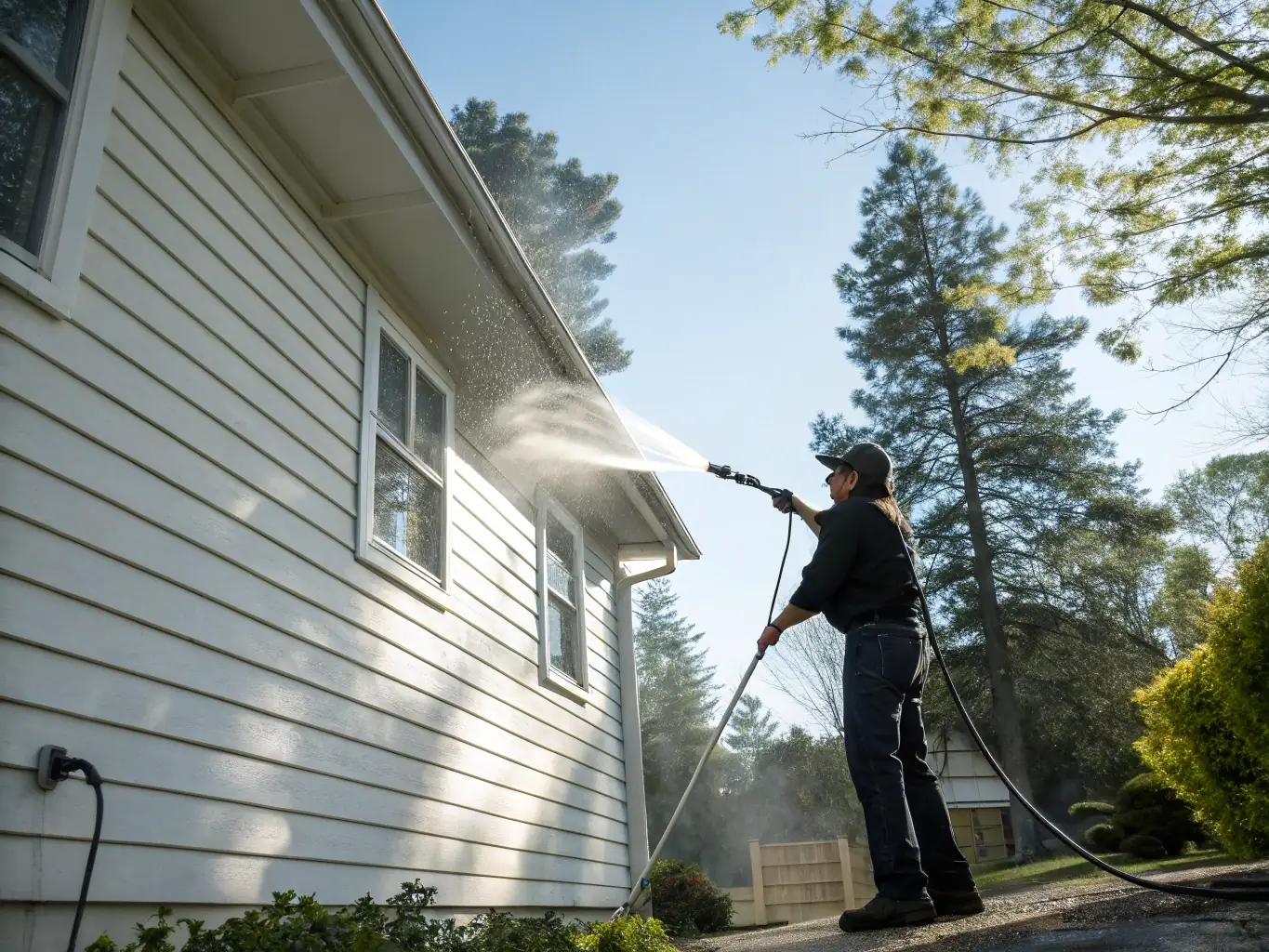 A friendly, uniformed technician from Pressure Washing El Dorado Hills is shown consulting with a homeowner in front of their house, emphasizing the company's professional and customer-focused approach.